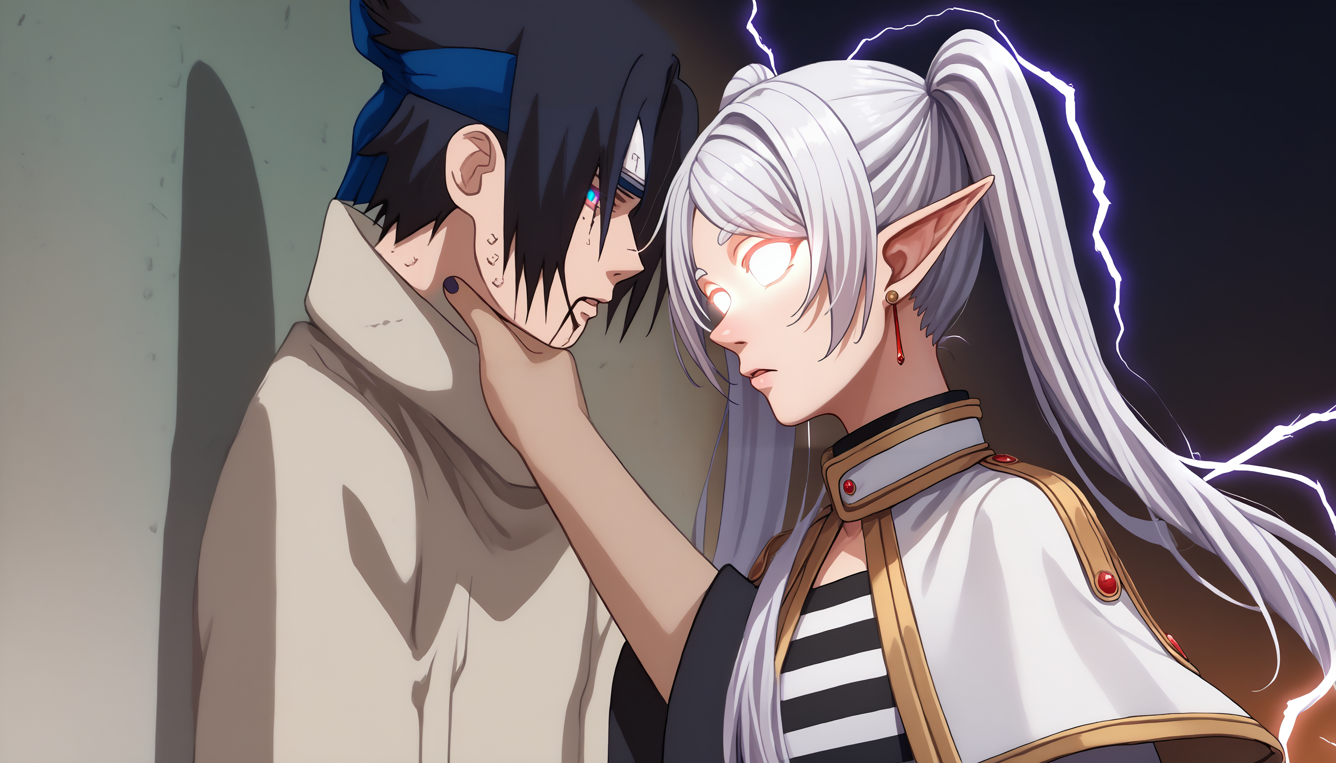 score_9, score_8_up, score_7_up, source_anime, 1girl, 1boy, <lora:SasukeChokeEditsMeme_XLPD:1.2>, incrschokememe, <lora:ChamFrierenPonyXLCame:1>, FrierenBase, white hair, long hair, twintails, earrings, white capelet, striped shirt, long sleeves,  <lora:KYS_XLPD:1> IncrsLowTier, glowing eyes, no eyes, electricity, upper body, black hair,