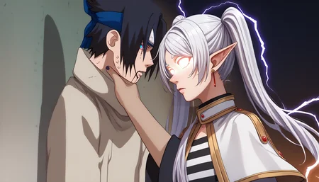score_9, score_8_up, score_7_up, source_anime, 1girl, 1boy, <lora:SasukeChokeEditsMeme_XLPD:1.2>, incrschokememe, <lora:ChamFrierenPonyXLCame:1>, FrierenBase, white hair, long hair, twintails, earrings, white capelet, striped shirt, long sleeves,  <lora:KYS_XLPD:1> IncrsLowTier, glowing eyes, no eyes, electricity, upper body, black hair,