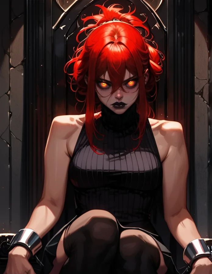 score_9, score_8_up, score_7_up, detailed background, realistic lighting, sitting on throne,
1 girl, detailed eyes,slim and fit, solo, dynamic pose, mature adult female,
Kydra, red hair, hair glow, dark lips, sleeveless turtleneck, skirt, thigh highs, metal cuffs,
<lora:Kydra-000010:0.7>,
<lora:Pony - Style - Sinozick_Style:1> sinozick style, flat color, dark theme