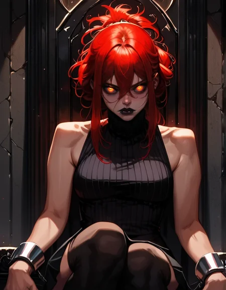 score_9, score_8_up, score_7_up, detailed background, realistic lighting, sitting on throne,
1 girl, detailed eyes,slim and fit, solo, dynamic pose, mature adult female,
Kydra, red hair, hair glow, dark lips, sleeveless turtleneck, skirt, thigh highs, metal cuffs,
<lora:Kydra-000010:0.7>,
<lora:Pony - Style - Sinozick_Style:1> sinozick style, flat color, dark theme