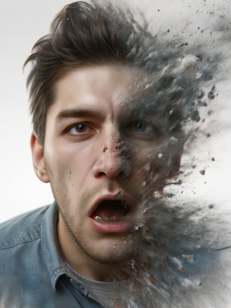 low angle, from below, photo, realistic, portrait, man sneezing violently toward the camera, running nose, shooting snot at the camera, (smear on lens:1.5)<lora:ral-dissolve:1> ral-dissolve