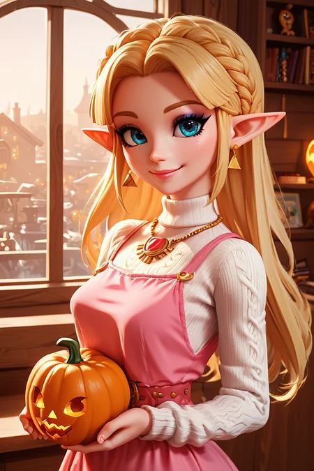 score_9, score_8_up, score_8, medium breasts, (curvy), cute, eyelashes,  BREAK, ,,,  zzUZelda, blonde hair, jewelry, dress, pink tabard, triforce,  earrings, necklace, <lora:UltimatePrincessZelda_PDXL_v1:0.8> ,,,  1girl, solo, closed mouth, pants, holding pumpkin, indoors, sweater, lips, makeup, upper body, white sweater,  indoors, warm colors, cozy,  BREAK, smile, looking at viewer,   embedding:zPDXL, Expressiveh,  <lora:BeautifulCAT_PDXL:0.8>, <lora:SDXLFaeTastic2400:0.5>,  <lora:Expressive_H-000001:0.4>,