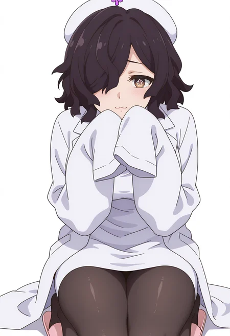 Smooth Quality,masterpiece,very intricate, high quality details, high detailed skin,detailed enviorement,absurdres, 
simple background, white background,front view,
 x3,
 <lora:Kiclacnn:0.8>
Kiclacnn, 1girl, black hair, brown eyes, symbol-shaped pupils, short hair, hair over one eye, 
nurse cap, lab coat, slippers,black pantyhose, pink footwear, sleeves past wrists,