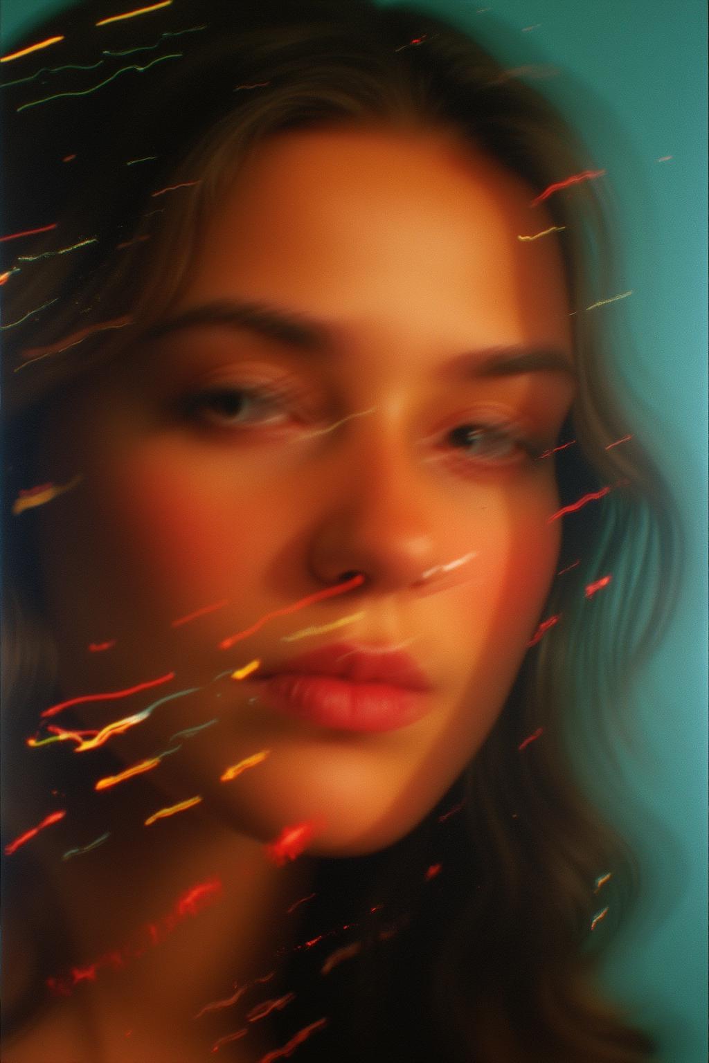 An abstract pattern of film burns and dynamic light streaks creates a vivid backdrop, shrouding a vaguely distinguishable, blurry photo of a face. The face is partially obscured by the chaotic interplay of intense film burns and radiant light patterns, which merge and swirl in an intricate, ethereal composition. The image features a high level of abstraction with distorted light and shadow, giving only the faintest hints of facial features through the heavy blur. Grainy, grain, film grain, candid, high contrast, film burn, analog texture, partial silhouette, Chiaroscuro, off-centered, asymmetrical, highlight bloom, filmic glow, blown-out highlights, moody, herbstphoto, herbst photo.   <lora:Herbst_Photo_35mm v2:2.0> <lora:flux_realism_lora:1.0><lora:785049958190644518:0>