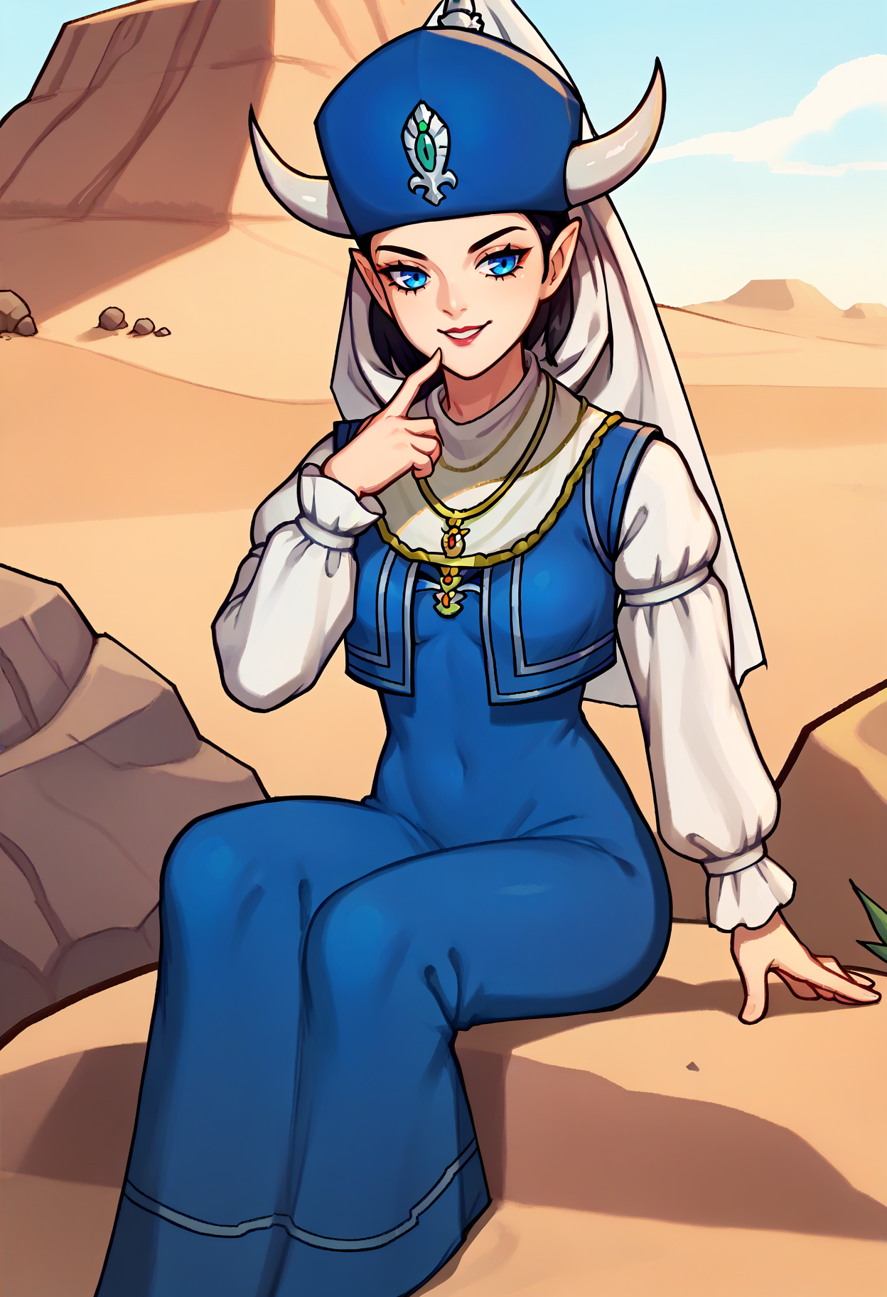 score_9, score_7_up, 1girl, sitting, finger to own chin, smile, <lora:zs_GemoriXL:1> gemorismt, black hair, medium hair, horns, pointy ears, blue eyes, blue hat, veil, lipstick, necklace, blue dress, medium breasts, puffy sleeves, white sleeves, desert, rock