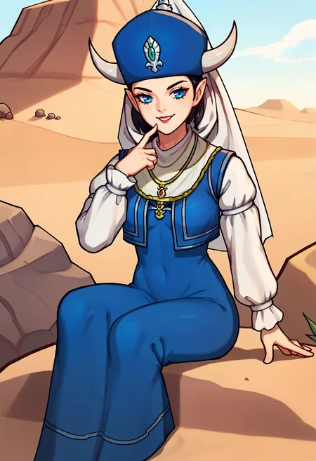 score_9, score_7_up, 1girl, sitting, finger to own chin, smile, <lora:zs_GemoriXL:1> gemorismt, black hair, medium hair, horns, pointy ears, blue eyes, blue hat, veil, lipstick, necklace, blue dress, medium breasts, puffy sleeves, white sleeves, desert, rock