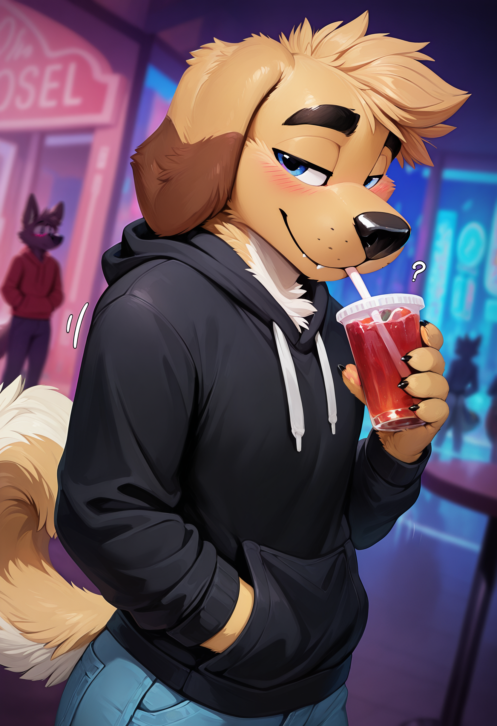 depth of field, detailed background, eye reflections, reflections,   dutch angle, anthro, adult, furry, no humans, tail, sound effect,   flirty expression, seductive glance, sound effect, motion lines,   by osel0tti, <lora:Oselotti_Artist_Style_Illustrious:1.2>,    masterpiece, best quality, amazing quality, very aesthetic, absurdres, newest,  1boy, male focus, furry, solo, furry male, animal ears, dog ears, hood, hoodie, dog boy, blush, thick eyebrows, drinking straw, holding, holding drink, drinking, black hoodie, simple background, drink, hand in pocket