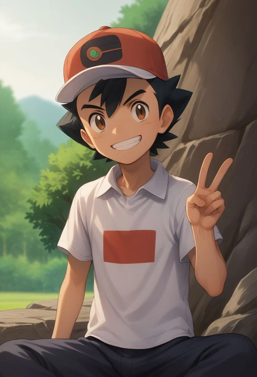score_9, score_8_up, source_anime, highly detailed, 1boy, solo, skinny, human_child,
ash_j2, 1boy, male focus, brown eyes, hat, shirt, solo, black hair, smile, white shirt, baseball cap
outdoor, sit, rocks, v sign, grin,