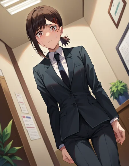 score_9, score_8_up, score_7_up, source_anime,
kobeni-higashiyama, <lora:kobeni-higashiyama-ponyxl-lora-nochekaiser:1>,
kobeni higashiyama, black hair, hair ornament, hairclip, mole, mole under eye, ponytail, short hair, brown eyes, crying, frown,
black necktie, black pants, business suit, formal, long sleeves, necktie, pants, suit,
indoors, office,
looking at viewer, cowboy shot, dutch angle,