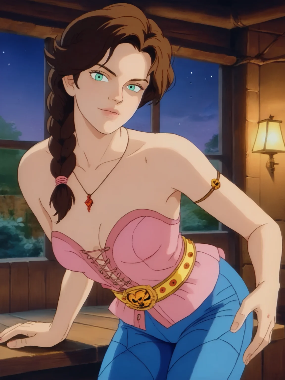 score_9, score_8_up, score_7_up,1girl, solo, jezmineconanadv, turquoise eyes, brunette hair, long hair, braid, <lora:100_jezmine_pdxl:1>, pink jez bustier, cleavage, armband, necklace, indoors,looking at viewer, medium breasts, bare shoulders, indoors, night,, blue stitched pants, gold belt,