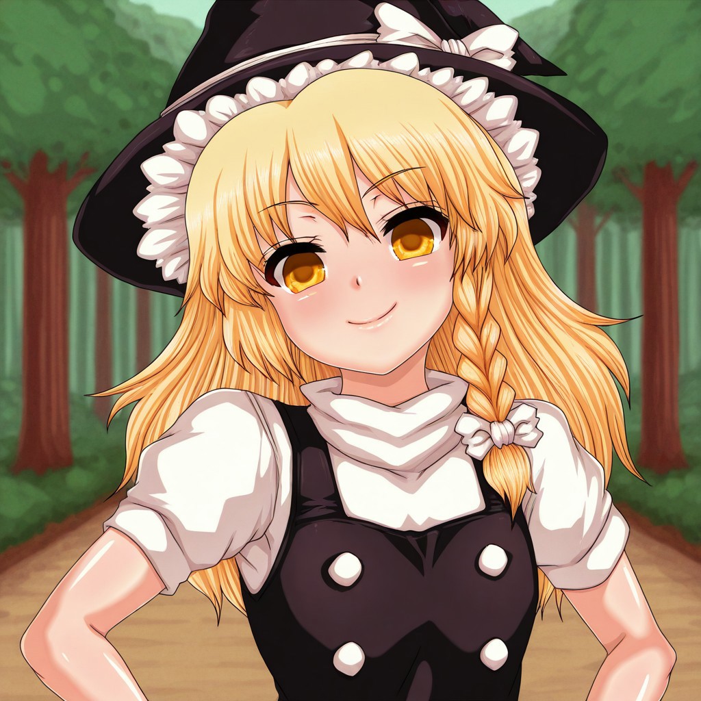 pixelated, pixel_art, n \(dai n honpo\), masterpiece, best quality, BREAK, 1girl, solo, krisame_marisa, smile, facing_viewer, looking_at_viewer, flat_chest, clothed_female, blurry_background, forest, upper_body,