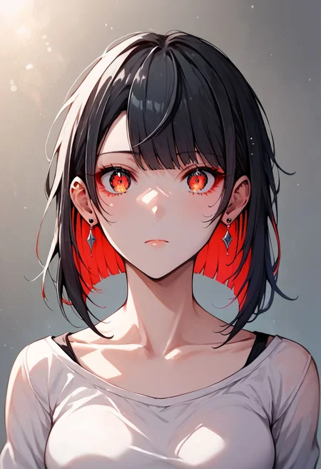 (score_9), (score_8_up), (score_7_up), (score_6_up), (score_5_up), (score_4_up), (Full Body view)+++, HD, Anime, 10k Res, Gritty, noir, source_anime+, Bright, (Cell Shading), (source_anime)+ (masterpiece), best quality, (expressive eyes), (perfect face)+++. Generate an image of N﷿X. 1girl, solo, red_eyes, (black hair)++, collarbone, long_hair, medium breasts, bangs, closed_mouth, holding, standing, arms_at_side, upper_body, jewelry, stud earrings, two-tone_hair, colored_inner_hair, red inner hair. Feet to head, full body. They are part german, polish, french and more, but fully caucasian. They are also a descendant of Ritter Adam Von Nutta. zyrnox style