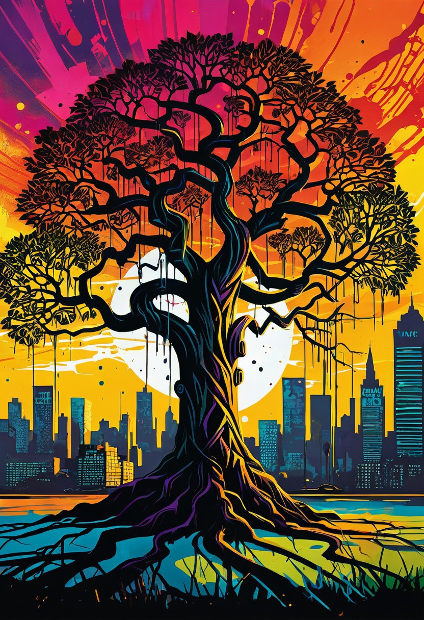 Expressionism - Concept art. A majestic tree with sprawling branches and roots, set against a cityscape at sunset. Close-up. Stylized with bold lines and dynamic brushstrokes. Expressive drips and splatters of spray paint. Rich textures of oil gouache blending with smooth acrylic. Warm golden light casting long shadows. Vivid polychromatic colors with high contrast. Ultra detailed, high quality, best of CGSociety. Urban jungle, stencil art, Jean-Michel Basquiat, Keith Haring, abstract expressionism, graffiti tags, streetwise, aerosol art.