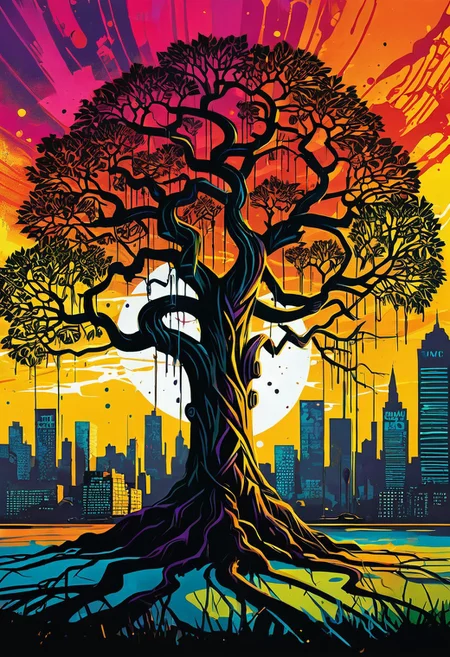 Expressionism - Concept art. A majestic tree with sprawling branches and roots, set against a cityscape at sunset. Close-up. Stylized with bold lines and dynamic brushstrokes. Expressive drips and splatters of spray paint. Rich textures of oil gouache blending with smooth acrylic. Warm golden light casting long shadows. Vivid polychromatic colors with high contrast. Ultra detailed, high quality, best of CGSociety. Urban jungle, stencil art, Jean-Michel Basquiat, Keith Haring, abstract expressionism, graffiti tags, streetwise, aerosol art.