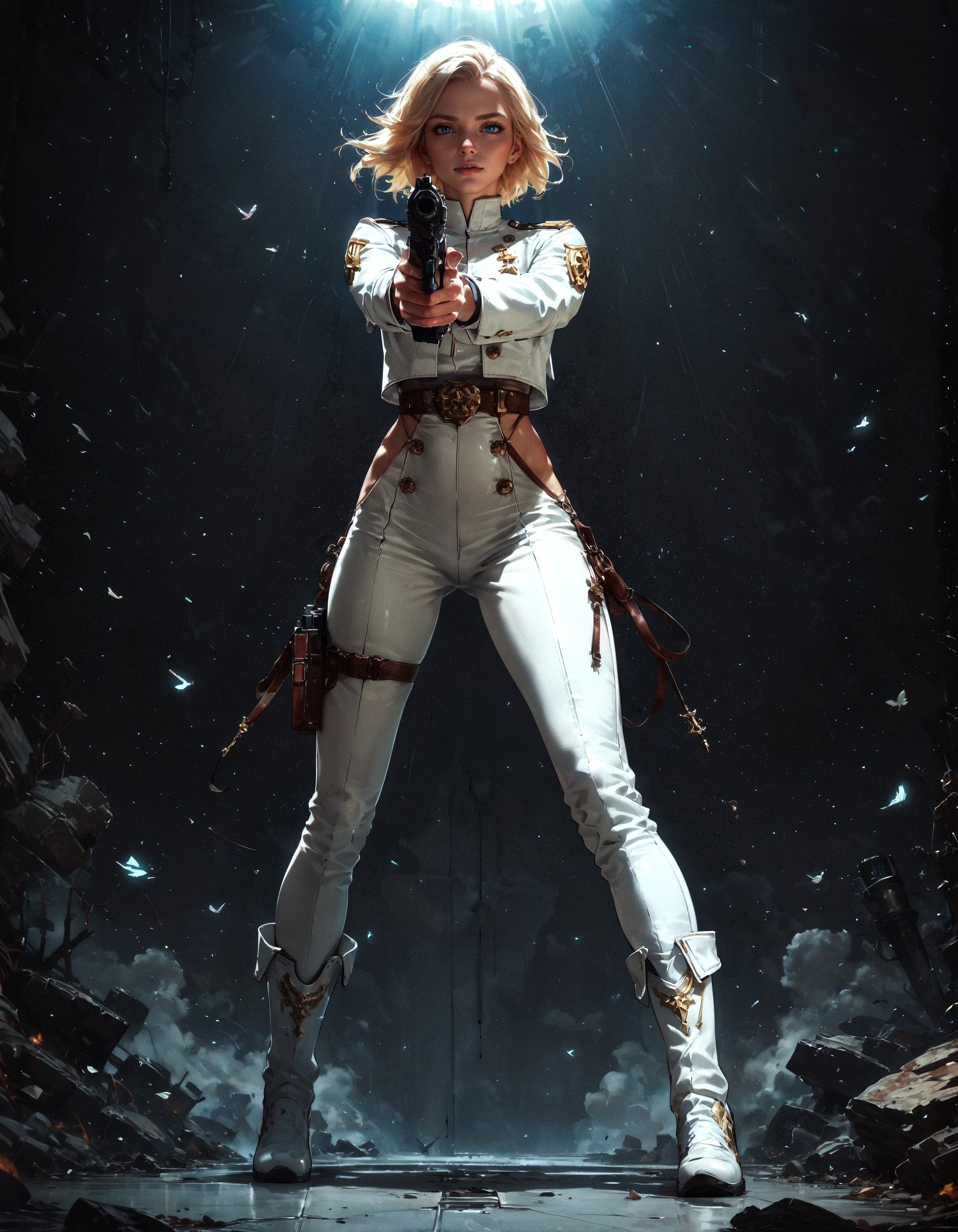 score_9, score_8_up, score_7_up, score_6_up, score_5_up, score_4_up,  1girl, full body, standing, legs apart, white pants, white shoes, holding gun, aiming, aiming at viewer, finger on trigger, two handed, FBI agent, blonde hair, short hair, posing, female focus, white suit, white uniform, solo, perfect female body, perfect eyes, posing for magazine, shiny skin, golden trim, white boots