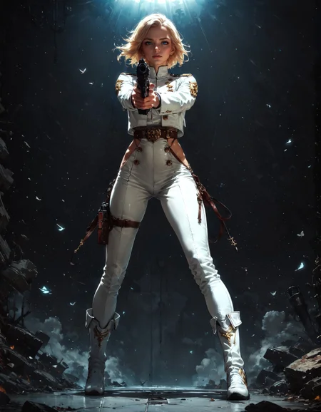 score_9, score_8_up, score_7_up, score_6_up, score_5_up, score_4_up,  1girl, full body, standing, legs apart, white pants, white shoes, holding gun, aiming, aiming at viewer, finger on trigger, two handed, FBI agent, blonde hair, short hair, posing, female focus, white suit, white uniform, solo, perfect female body, perfect eyes, posing for magazine, shiny skin, golden trim, white boots