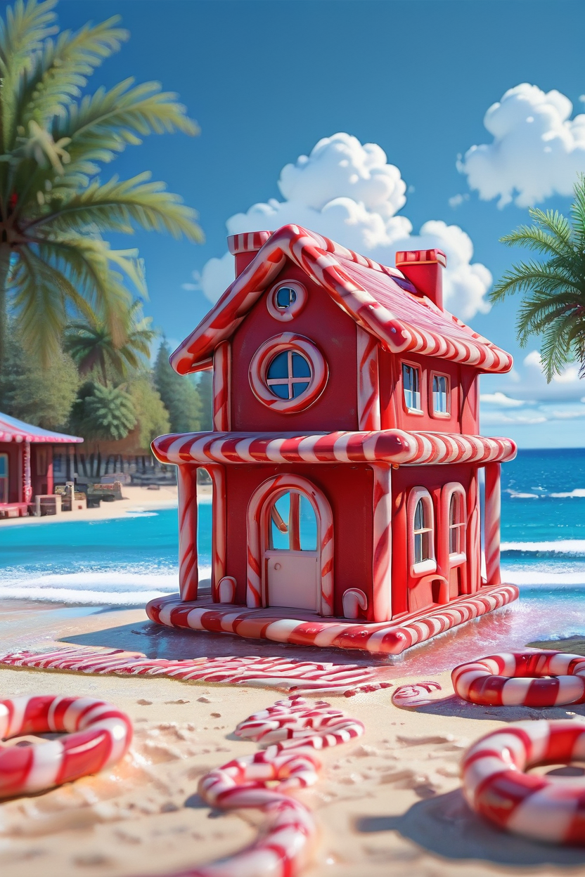 masterpiece, best quality,   CandyCaneMorph,   no humans, house, dock, outdoors, sky, day, cloud, water, tree, blue sky, no humans, depth of field, ocean, beach, scenery,   ,<lora:CandyCaneMorphIXL_v1:1.0>,