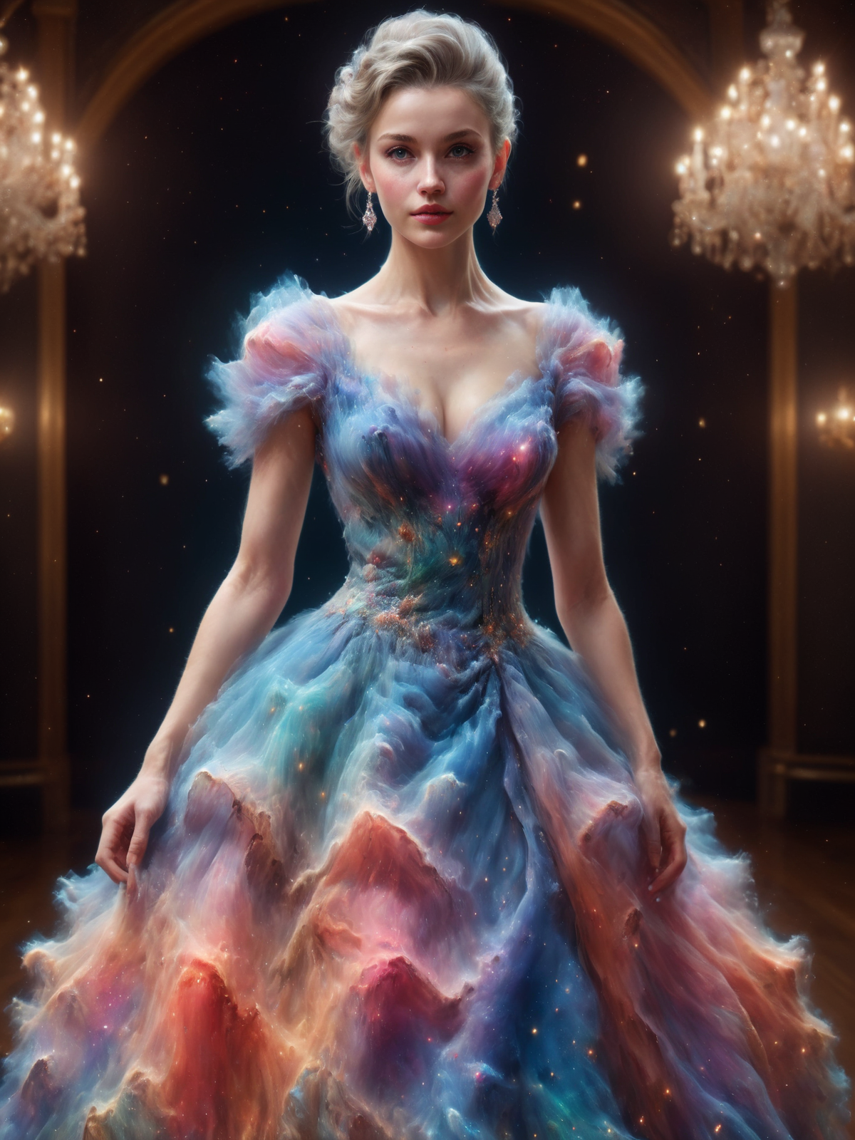 woman wearing a (mad-nbla:1.4) dress, ballroom<lora:Space_Nebula_Style_SDXL:1.0>, (masterpiece:1.2), best quality, (hyperdetailed, highest detailed:1.2), high resolution textures