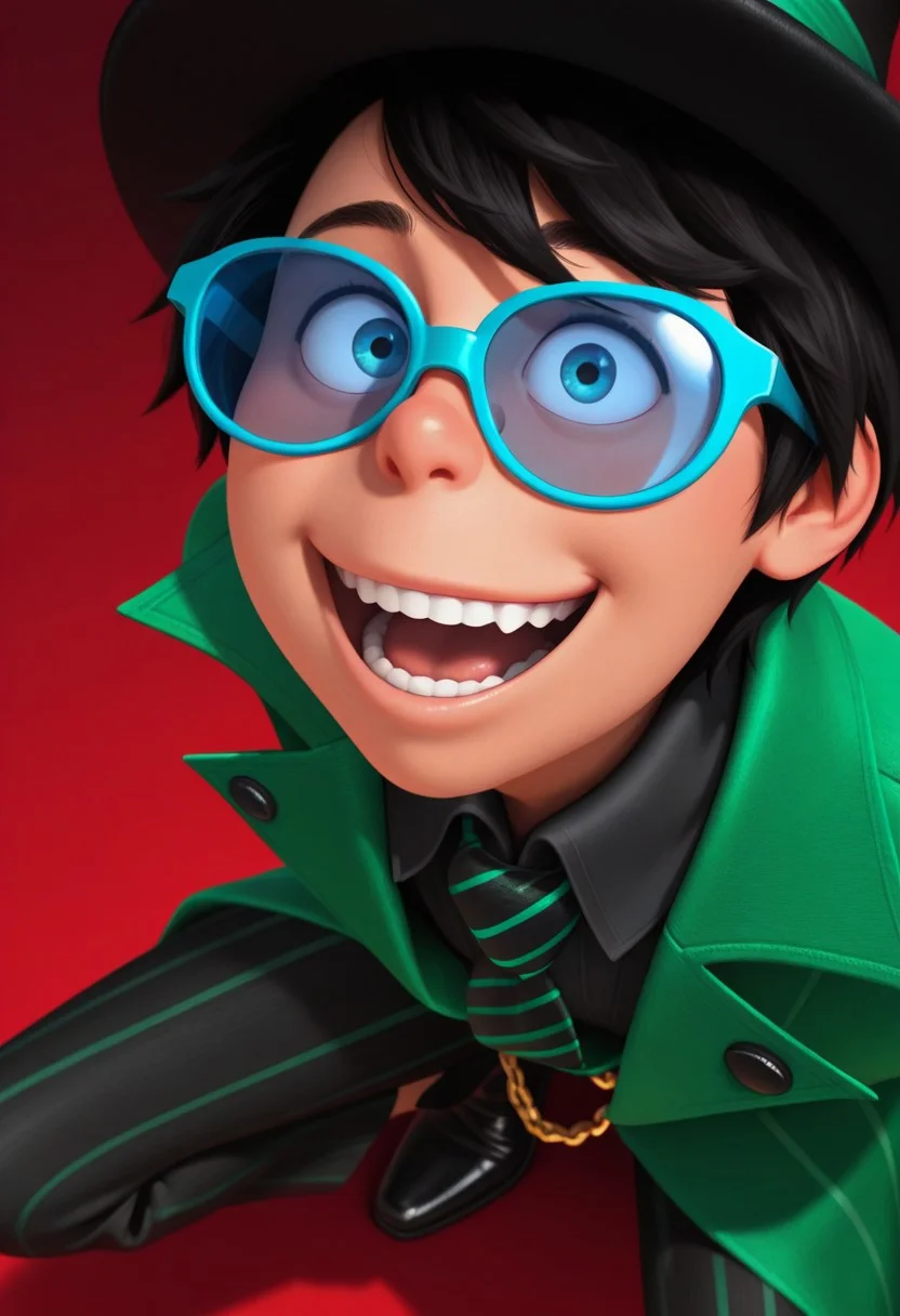score_9, score_8_up, score_7_up, masterpiece, best quality, amazing quality, the once-ler, 1boy, solo, blue eyes, black hair, solo, black top hat with green stripe, long green tailcoat with light green stripes, black pants, long green gloves, sunglasses, gold chain on coat, black and green striped tie, black dress shoes, smile, male focus, blue-framed eyewear, teeth, close-up, glasses, blue-tinted eyewear, open mouth, looking at viewer, jacket, short hair