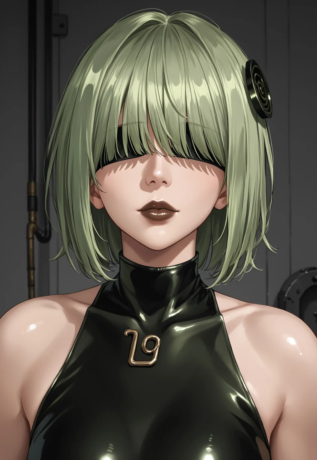 safe_pos, 1girl, solo, solo focus, highres, absurdres, CL_Dummy, short hair, long bangs, hair over eyes, light green hair, lipstick, shiny lips, brown lips, circle hair ornament, covered eyes,
black leotard,
looking at viewer, head tilt, closed mouth, close-up, face focus,
factory, industrial pipe, stasis tank, dark,