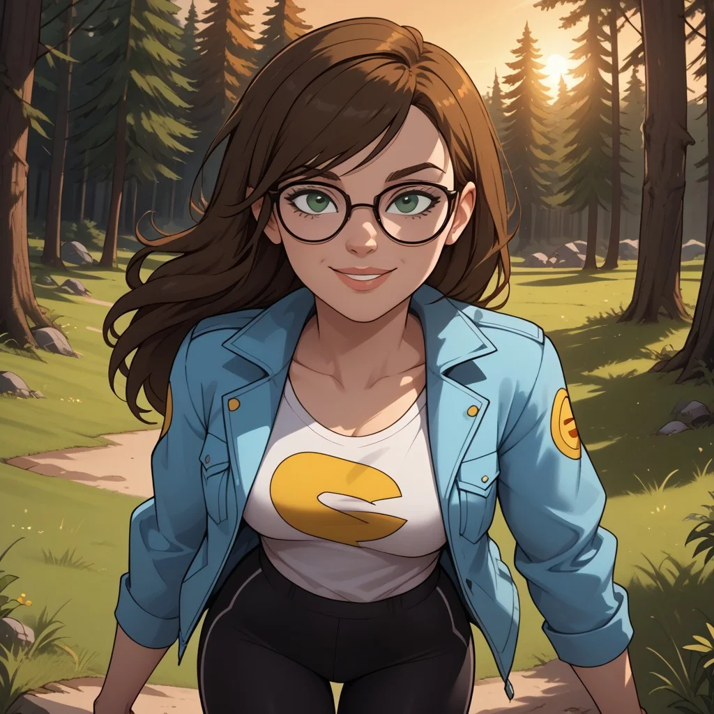 score_9, score_8, BREAK, solo, brown hair, dark green eyes, glasses, lips, cyan jacket, white shirt, pacman print, breasts, leggings, sneakers, Ally_(Disventure_Camp), cute, sexy pose, self portrait, smile, outdoors, sunlight, shadows, evening lighting, natural lighting, forest, trees, grass, orange sky, sunset