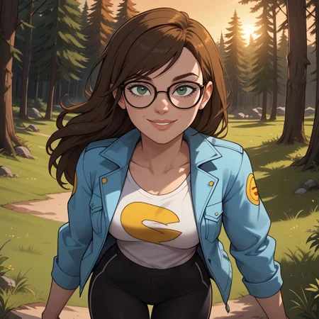 score_9, score_8, BREAK, solo, brown hair, dark green eyes, glasses, lips, cyan jacket, white shirt, pacman print, breasts, leggings, sneakers, Ally_(Disventure_Camp), cute, sexy pose, self portrait, smile, outdoors, sunlight, shadows, evening lighting, natural lighting, forest, trees, grass, orange sky, sunset