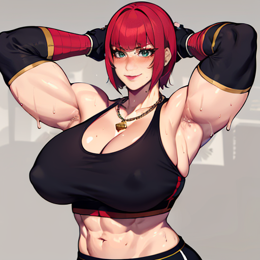 Marisa,short red hair, blunt bangs, makeup, green eyes ,muscular, biceps, close up, smile,  flexing,  sweat,  smelly, blush
Mattire, fingerless gloves, black sports bra with gold trim, big  chain necklace, toeless legwear, bike shorts, small skirt,  tight attire,
(insanely detailed, beautiful detailed face, masterpiece, best quality)  <lora:Marisa-10:0.7>