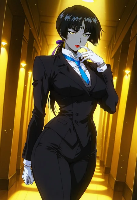 LuluBellDGR, 1girl, solo, colored skin, grey skin, facial marks, black hair, long hair, blunt bangs, ponytail, hair ribbon, yellow eyes, sunglasses, lips, red lipstick, formal suit, pant suit, black jacket, white shirt, blue necktie, large breast, white gloves, black pants, black shoes, thick thighs, high heels,
,seductive pose, sexy pose, tease,
masterpiece, best quality, fine details, intricate details, depth of field, subsurface scattering, bokeh,
ultra-detailed, very aesthetic, detailed background, newest, scenery, highres, absurdres, colorful, vibrant, glowing, perfect face, 2d, perfect eyes, vibrant saturated colors, volumetric lighting, sharp, detailed eyes, perfect anatomy, perfect face, perfect eyes, mature body, clear eyes, beautiful eyes, athletic, curvy body, athletic girl, perky tits, perfect tits, round breasts, pinup pose, teasing, lustful expression, perfect hands,
muscular female, dutch angle,
finger in mouth,,
,Smooth Negative, Smooth_Quality,
90s_anime_aesthetic, 1990s (style), retro, retro artstyle