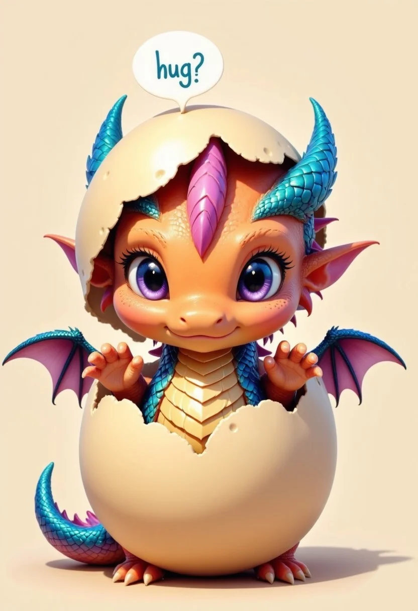 The picture captures the moment when a chibi dragon hatches from an egg, the head looks out of the top of the egg, the shell is on his head, the dragon looks super cute at the viewer, above him is a speech bubble with the inscription "hug ?", cuteness overload, its scales have rainbow colors, the dragon stretches its arms out to the viewer, the dragon has sparkling eyes, it just wants to be cuddled