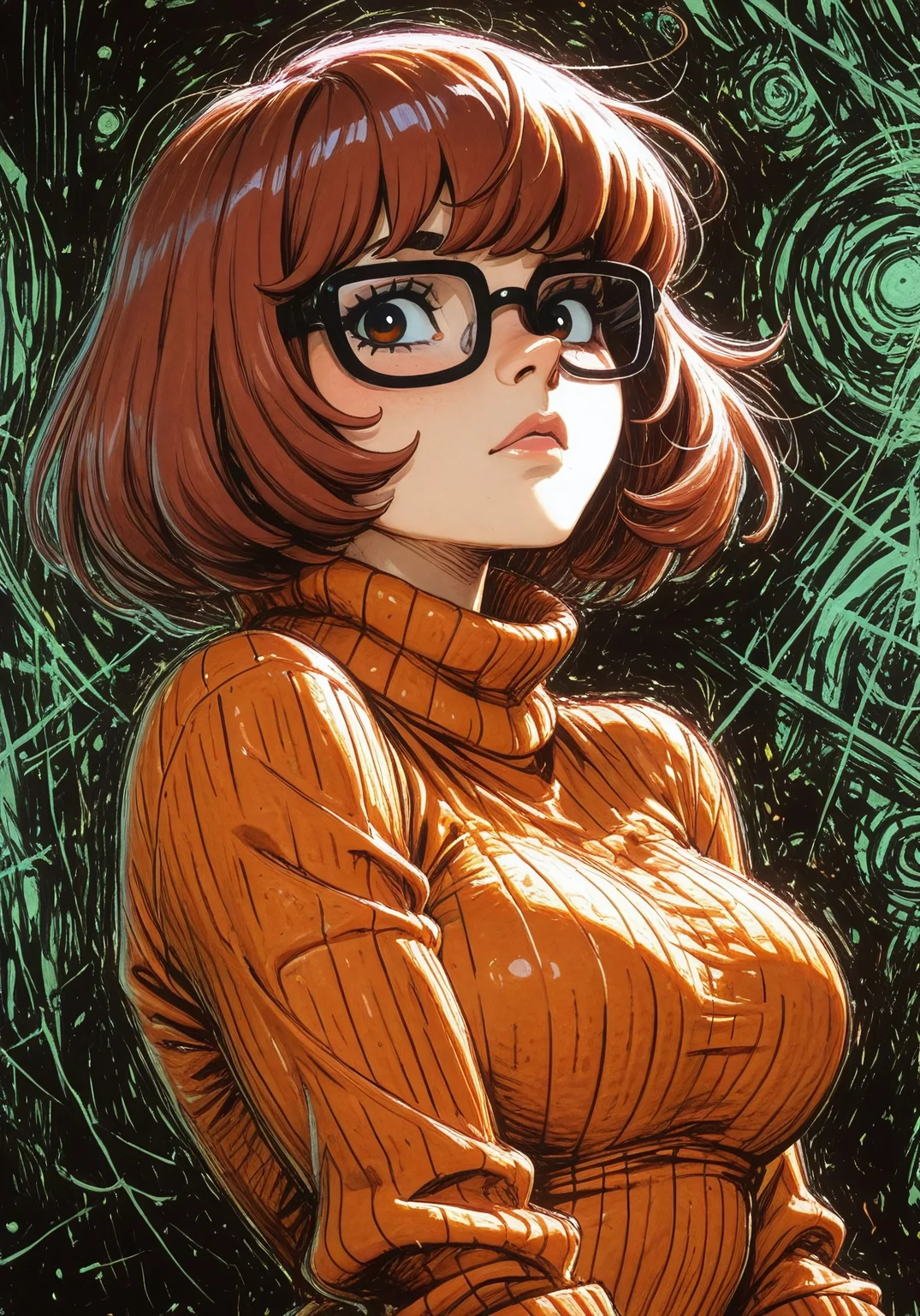 masterpiece, best quality,
1girl, velma from scooby doo, jinkies, smart, tight sweater, close up,
rough sketch, traditional media, logarithmic line hatching, abstract, artistic