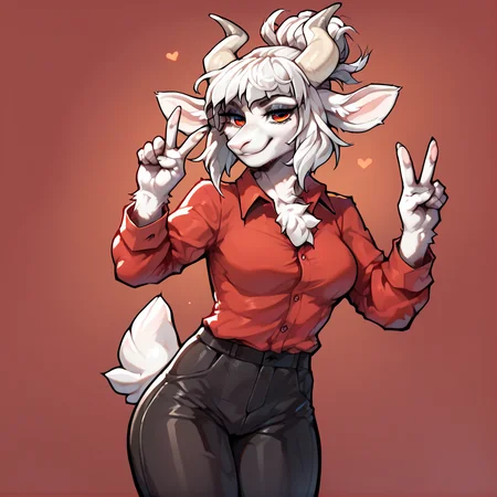 score_9, score_8_up, score_7_up, score_6_up, score_5_up, score_4_up, double v, smile, goatlucifer, white fur, body fur, red shirt, long sleeves, black pants, collared shirt, red eyes, breasts, <lora:goatlucifer:1>, goat girl,