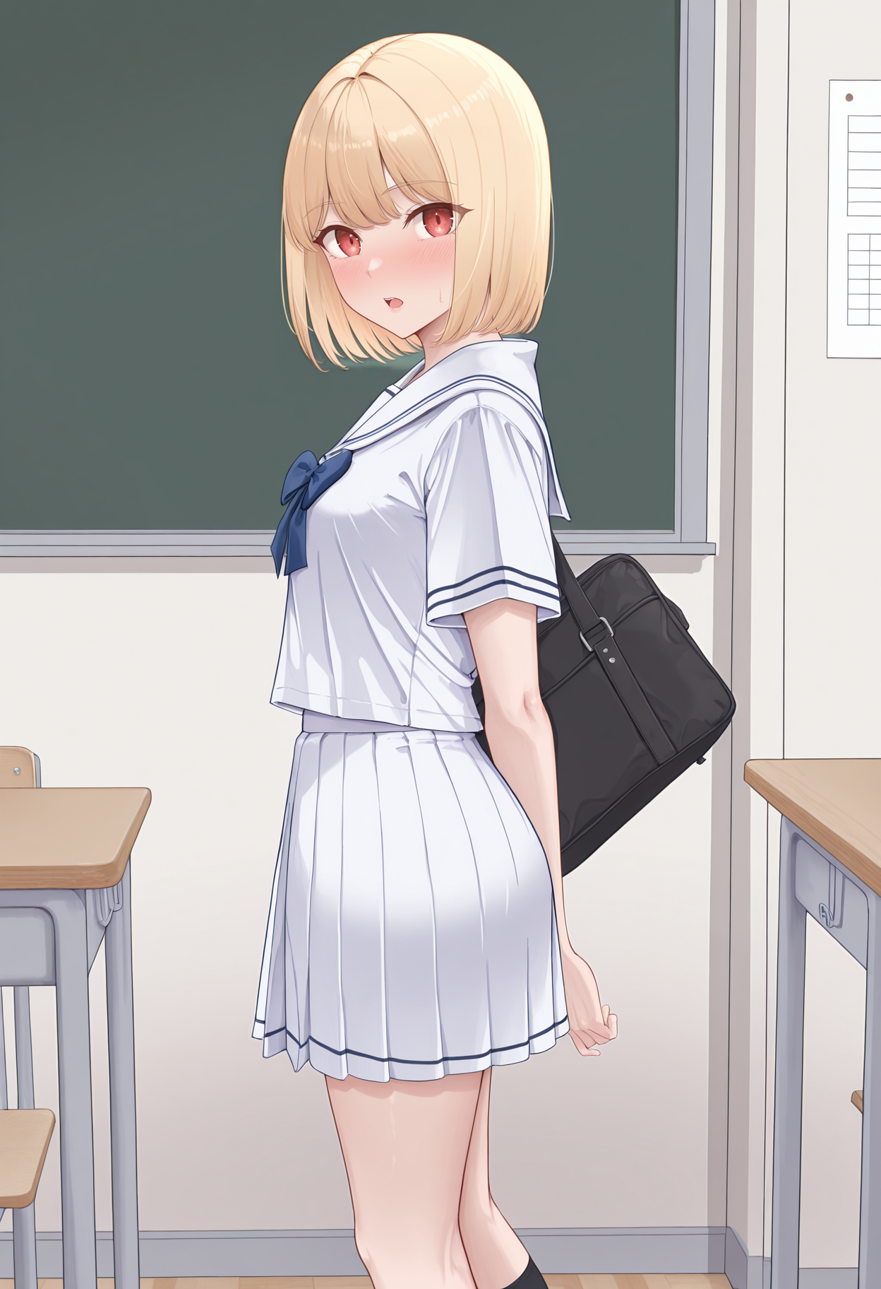 highres, best quality, masterpiece, classroom, 
1girl, solo, kmtnicole, short hair, blonde hair, red eyes,
serafuku, blue bowtie, white shirt, short sleeves, white skirt, black socks, black bag,
looking at viewer, blush, open mouth, 
arms behind back, standing, from side,
<lora:_nicole_ninagawa-elesico-ilxl_1-000017:1>