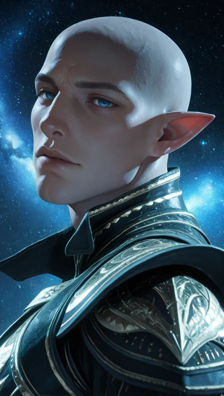 masterpiece,best quality,absurdres,newest,perfect quality,best quality,absolutely eye-catching,detailed background,male focus,solo,realistic,<lora:ILDVSolas:0.8>,DVSolas,1boy,male focus,bald,pointy ears,blue eyes,portrait,looking at viewer,head tilt,seductive look,galaxy background,blue stars,from side,armor,