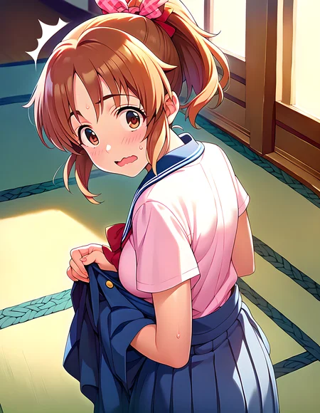 <lora:pony_xl_abe nana:0.8>,abe nana,score_9,score_8_up,score_7_up,source_anime,1girl,adorable_girl,looking at viewer,indoor,ownroom,tatami,school_uniform,undressing,looking_back,amazing,surprised expression,wavy mouth,sweat,