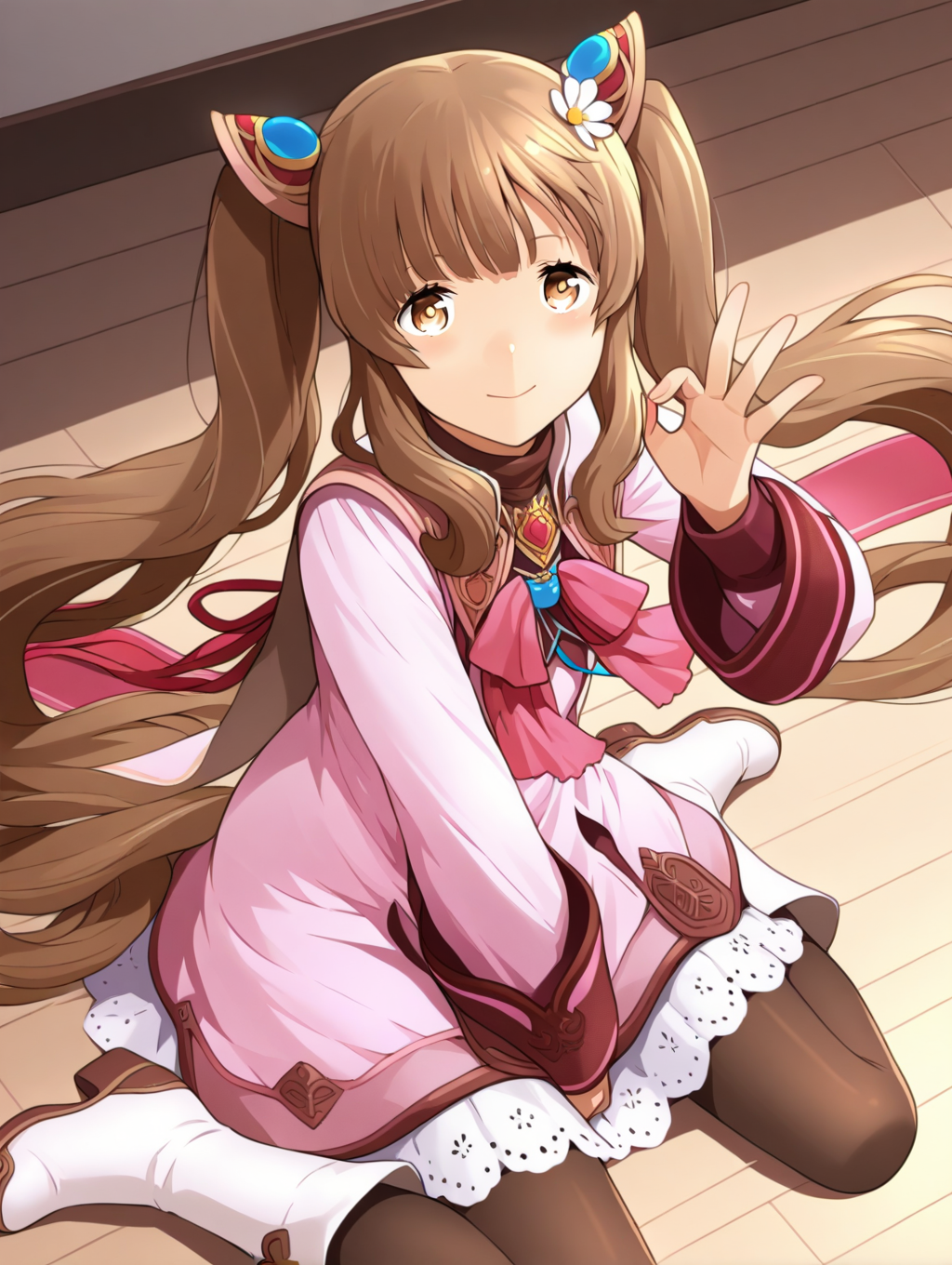 perfect quality,best quality,absolutely eye-catching,ambient occlusion,raytracing BREAK
1girl,<lora:rimuru rinnka IL v1.1:1>,rinnka,brown hair,twintails,hair ornament,pink dress,long sleeves,ribbon,lace trim,pantyhose,boots,front view,, from above, looking at viewer,cowboy_shot,reclining,ok_sign,stretch,wariza,