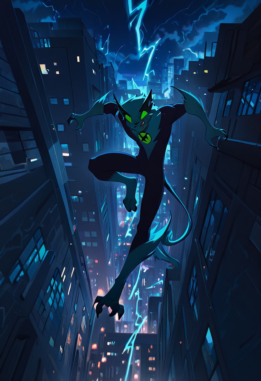 masterpiece, best quality, amazing quality, very aesthetic, absurdres, newest,, detailed background, 
digitigrade legs,
fastrack, solo, blue skin, green eyes,  claws, green badge, fang,, feline tail,  wide jaw, masculine, blue chest,
jumping from building, smile, falling, thunder, lightning, night city, city view,