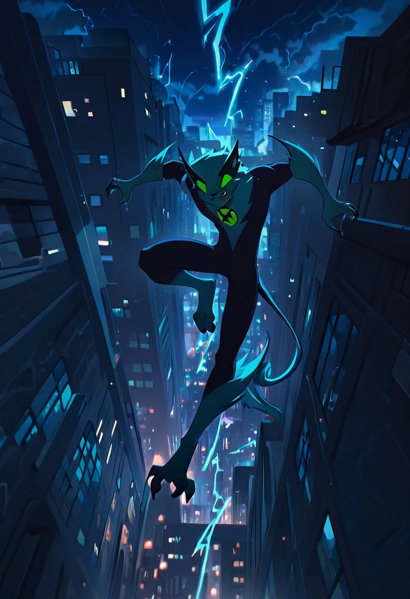 masterpiece, best quality, amazing quality, very aesthetic, absurdres, newest,, detailed background,
digitigrade legs,
fastrack, solo, blue skin, green eyes, claws, green badge, fang,, feline tail, wide jaw, masculine, blue chest,
jumping from building, smile, falling, thunder, lightning, night city, city view,