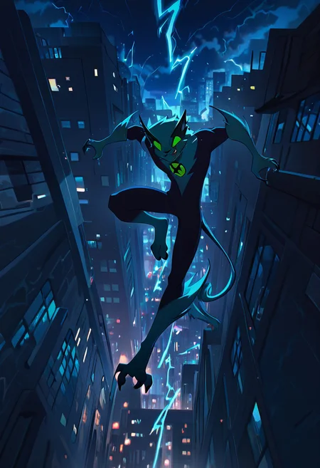 masterpiece, best quality, amazing quality, very aesthetic, absurdres, newest,, detailed background, 
digitigrade legs,
fastrack, solo, blue skin, green eyes,  claws, green badge, fang,, feline tail,  wide jaw, masculine, blue chest,
jumping from building, smile, falling, thunder, lightning, night city, city view,