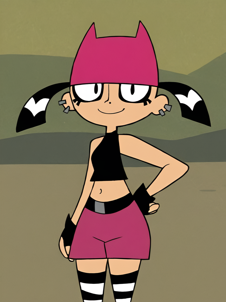 <lora:TiffPony1.0:0.8> tiff, 1girl, black hair, mascara, ear piercing, short hair, short twintails, solo, smile, pink cat hat, black eyes, black crop top, black fingerless gloves, navel, pink shorts, striped thighhighs, standing, looking at viewer,  outdoors, hand on hand on own hip,