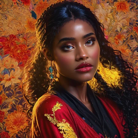 photo of Hyper realistic art Wonderful, intricate, (colorful, Afrofuturism art), black woman, black girl, very dark skin, beautiful hazel eyes, long curly black hair, ((jewelry with high details,  iridescent colors)), bright colors, alchemist, cinematic, 35mm film, 35mm photography, film, photo realism, DSLR, 8k uhd, hdr, ultra-detailed, high quality, high contrast, , Side View, medium-shot, raw, photo, realistic, embedding:zPDXL2, glam shot<lora:PONY_XL_Black_Woman_Lora10>