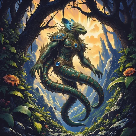 highly detailed, intricate, detailed background, famous artwork inspired by (luis royo:1.3) and (simon bisley:1.4) and (kaja foglio:1.1) and (james r. eads:1.4), heroic scifi style, the legendary "ghastly vexturbler", seen here decorated in dark snizzleplume, playfully gouzes through the dense gnarled jungle of verdant zibberzang and quorbeling trees on the dreaded paradisical planet "torvydirly vii", golden ratio, in the style of ck-ovf, amanoer, arsmjstyle, dnddarkestfantasy, aidmamj6.1, 
<lora:style-oneviolentfantasy-ep21-flux-by_chronoknight:0.44> 
<lora:style-yoshitaka_amano-elden_ring-flux-by_alicient:0.6> 
<lora:style-dnd_dark_fantasy-flux-by_arsmachina:0.6> 
<lora:midjourney_61-v0.4-flux-by_aidma:0.72> 
<lora:faetastic_details-flux-by_faeia:0.44>