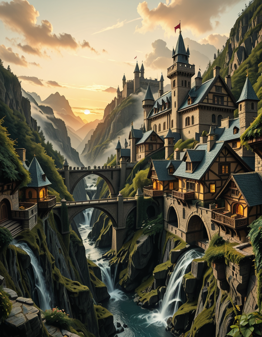 A breathtaking medieval fantasy city nestled in a lush valley, surrounded by towering mountains and dense forests. A grand castle with multiple towers and turrets stands atop a hill, overlooking the town below. The city consists of charming half-timbered houses with glowing windows, perched on rocky cliffs and connected by stone bridges over cascading waterfalls. The river flows through the village, reflecting the warm golden lights of lanterns and torches. Ivy and moss grow over the stone walls, adding to the enchanted, ancient atmosphere. The background features misty mountains with additional fortresses and watchtowers, partially hidden by low-hanging clouds. The sky is illuminated by a soft, warm sunset, casting a golden glow on the scenery, creating a perfect blend of realism and fantasy. Highly detailed, cinematic, and immersive, with a magical, fairy-tale ambiance.
<lora:SDXLFaeTastic2400:0.4> <lora:extremely_detailed:0.4> extremely detailed, ,medieval f4nt4sy c1ty <lora:medieval_f4nt4sy_c1ty-i:1>, Masterpiece,best quality,hi res,8k,hi res,8k,award winning,(sharp focus, intricate, highly detailed),