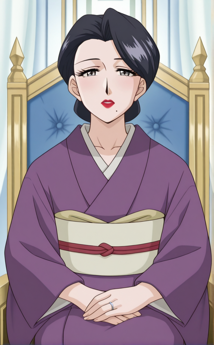 masterpiece, best quality, insaneres, absurdres,sitting on throne, sitting, throne, throne room, straight-on, curtains, light particles, bokeh, loaded interior, indoors, solo, looking at viewer,  <lora:ILLUSTXL_MistreatedBride_SumieTakayanagi_ownwaifu:1>, BREAK PurpleKimono_SumieTakayanagi_ownwaifu, 1girl, black hair, breasts, grey eyes, japanese clothes, lipstick, makeup, mature female, mole under mouth, purple kimono, red lips, single hair bun, obi, sash, short hair, long sleeves, collarbone, hair bun, eyelashes, lips, swept bangs, wedding ring, wide sleeves, white skin,