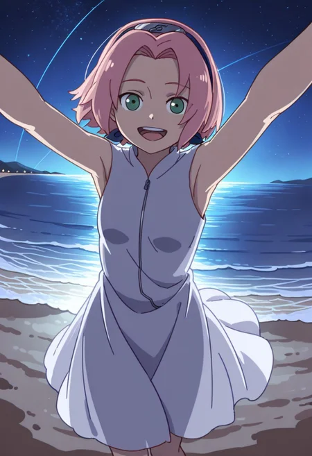 Score_9_up, score_8_up, score_7_up, source_anime, Expressiveh, perfect eyes, 1girl, solo, 1girl, haruno sakura, pink hair, short hair, green eyes, slim body,Small breasts,
white dress, sleeveless, standing, looking at viewer, sun hat, open mouth, outstretched arms, beach, happy,night,stars,beautiful eyes,without ninja band,
masterpiece,dynamic lighting,beautiful lighting