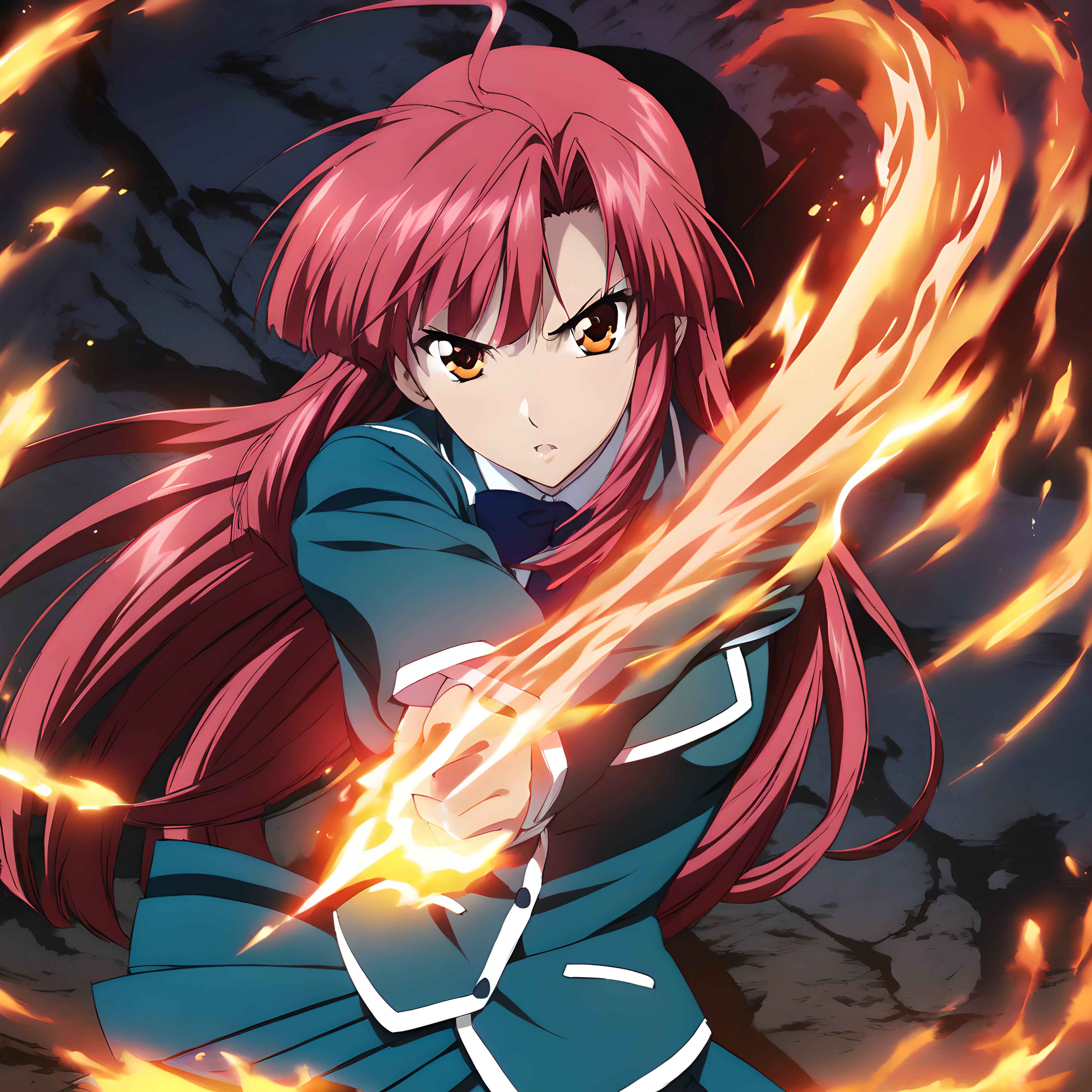 (masterpiece),(best quality),(ultra-detailed),(best illustration),(best shadow),(absurdres),(detailed background),(very aesthetic),ayano kannagi, 1girl, weapon, school uniform, long hair,solo, red hair, pink hair, orange eyes, looking at viewer, preparing to fight, fighting stance, fire enveloping, fire aura, <lora:ayanokannagi-40:1>