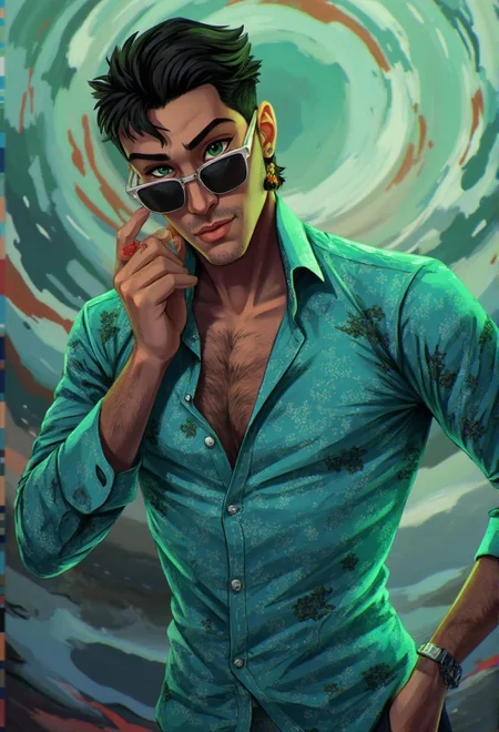 <lora:ck-LttleGhost-000011.safetensors:1> in the style of ck-lttlegh0stThe subject is a stylish man with chiseled features, dressed in a turquoise floral button-up shirt that shimmers in the light. His rugged, dark-stubbled jawline and piercing eyes are framed by sleek, modern sunglasses. He poses confidently, one hand resting on his hip and the other cradling his glasses. The background is blurred, creating a swirling vortex of color and texture that draws the viewer's gaze back and forth like a pendulum.