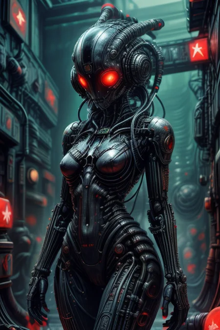 cyberpunk cityscape, biomechanical cyberpunk, SCI-FI,
cowboy shot,thigh gap,
femenine cyborg,helmet with antenna,mask,armor,
wire,cable,electricity,discharge,monitors,
high technical room background,
<lora:Concept_-_Hella-sthetic_v2:0.7>,
(USSR,red star \(symbol\):1.5),
<lora:H.R.GigerWorld:0.25>,gigerworld,art by hrgiger,
<lora:Concept_-_Giger-ish_Biomechanicals_v2:0.25>,hnsrdlf style,
<lora:Concept_-_Giger-ish_Alien_v1:0.25>,bigbadejo alien_monster,
<lora:Concept_-_More_Details_v1.0:1>,intricate,elegant,highly detailed,symmetry,magical atmosphere,sharp focus,majestic,very coherent,radiant,advanced,cinematic,artistic,fine detail,winning,beautiful,stunning,dramatic light,designed,rich deep colors,perfect professional background,ambient,tailored set composition,
human-machine fusion,organic meets artificial,futuristic,technological,cybernetic enhancements,robotics,neon lights,dark alleys,skyscrapers,vibrant colors