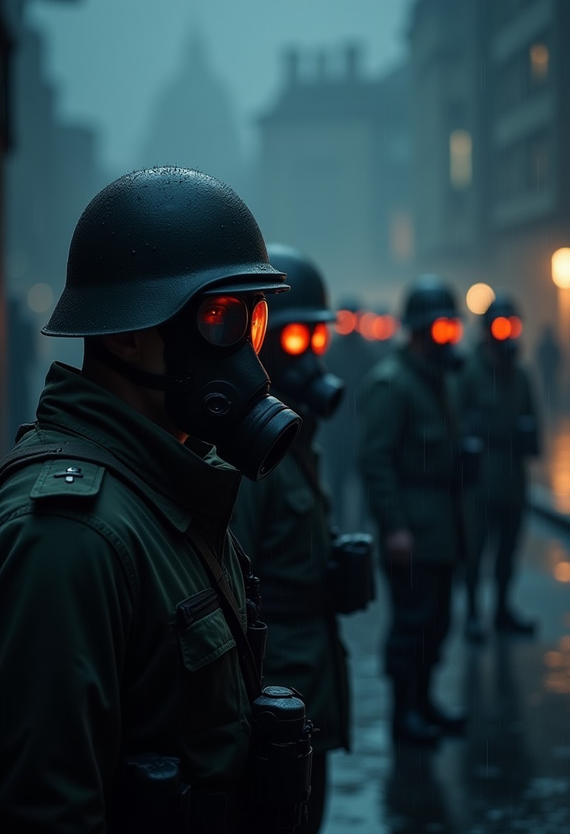 hyper realistic, professional, creative, deep aesthetic,  ambient atmosphere, cinematic perfect intricate stunning fine detail, dramatic, full body, best quality, highly detailed, vivid, 8k, bright sunlight, studio ghibli, high res, 4k), reflection, motion blur, emphasis line, outdoor, A captivating night scene illustration, cinematic, Bokeh. Bokeh light, soldiers, gas masks, helmets, glowing eyes, rain, dark and gloomy atmosphere, trench coats, military gear, insignia, somber expressions, war setting, dramatic lighting, detailed, shaded, intense mood