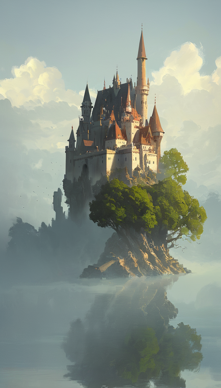masterpiece, best quality, greg rutkowski, scenery, no humans, tree, cloud, outdoors, sky, castle, fog, water, cloudy sky, tower, building, fantasy, day, very detailed, high resolution, sharp, sharp image, 4k, 8k, <lora:greg_rutkowski_xl_v3:1>