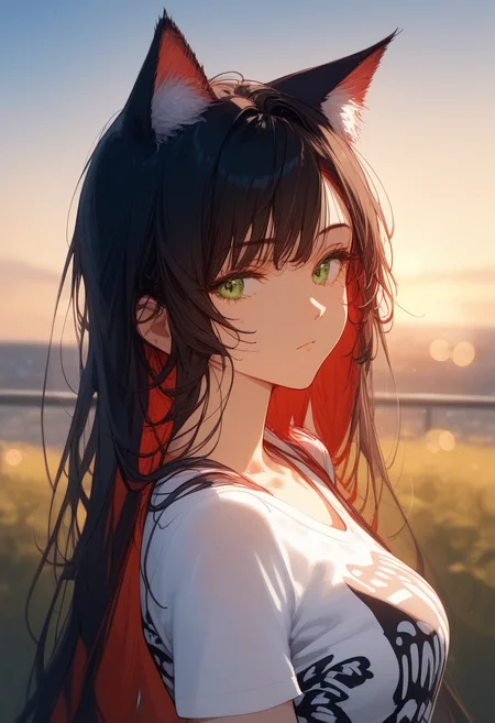 score_9, score_8_up, score_7_up, score_6_up, source_anime, <lora:FMT 0.2v:1>, FMT,
1girl, solo, animal ears, black hair, long hair, shirt, green eyes, looking at viewer, white shirt, colored inner hair, red hair, multicolored hair, upper body, cat ears, short sleeves, bangs, two-tone hair, closed mouth, blurry background, blurry, outdoors, animal ear fluff, t-shirt, cat print, very long hair, collarbone, animal print, print shirt, sky, evening, lens flare, from side, lens flare